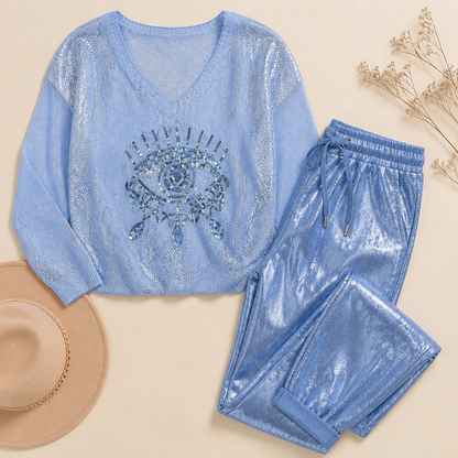 LumaPulse™ – Sequined Eye Top Paired with Metallic Drawstring Pants Set