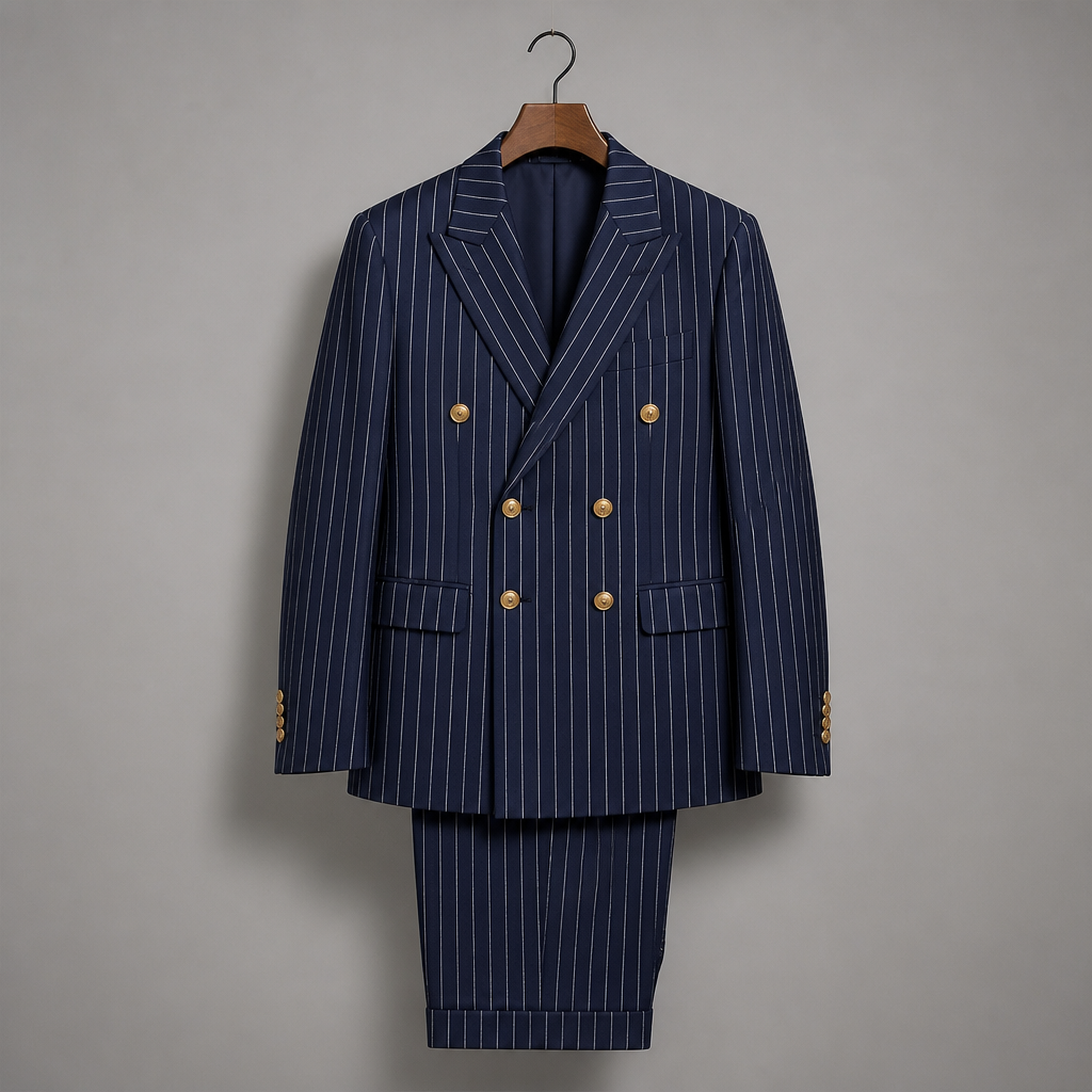 Voltura™ – Double-Breasted Pinstripe Suit with Peaked Lapels