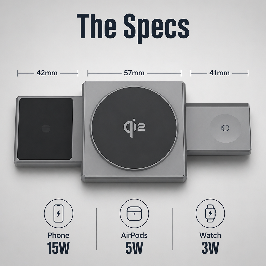ChargeFlow™ — Clip Your iPhone, Watch & Headsets Onto Single Foldable Qi2 Stand