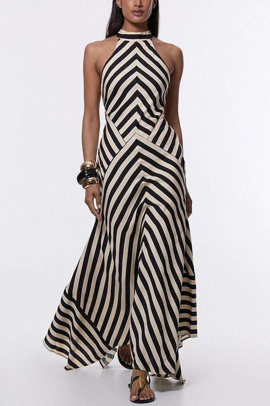 Maxi Dress with Geometric Stripes, Open Back, and Flowing Hem