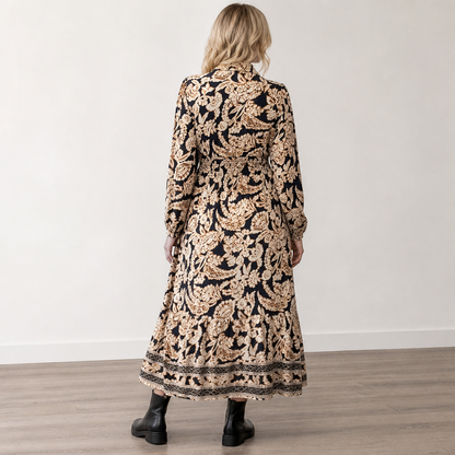 BloomAura™ – Retro Block-Print Shirt Dress Featuring Smocked Waist