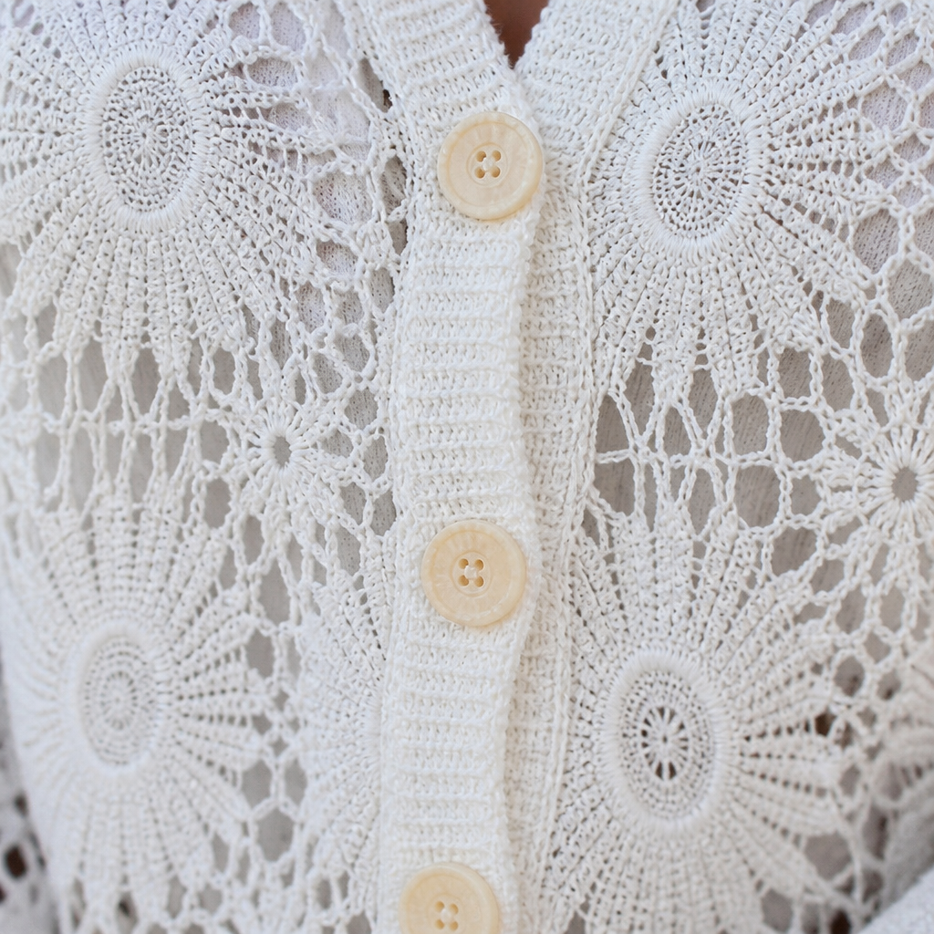 DeloraLace™ – Romantic Crochet Lace Top with Buttons and Scalloped Hem