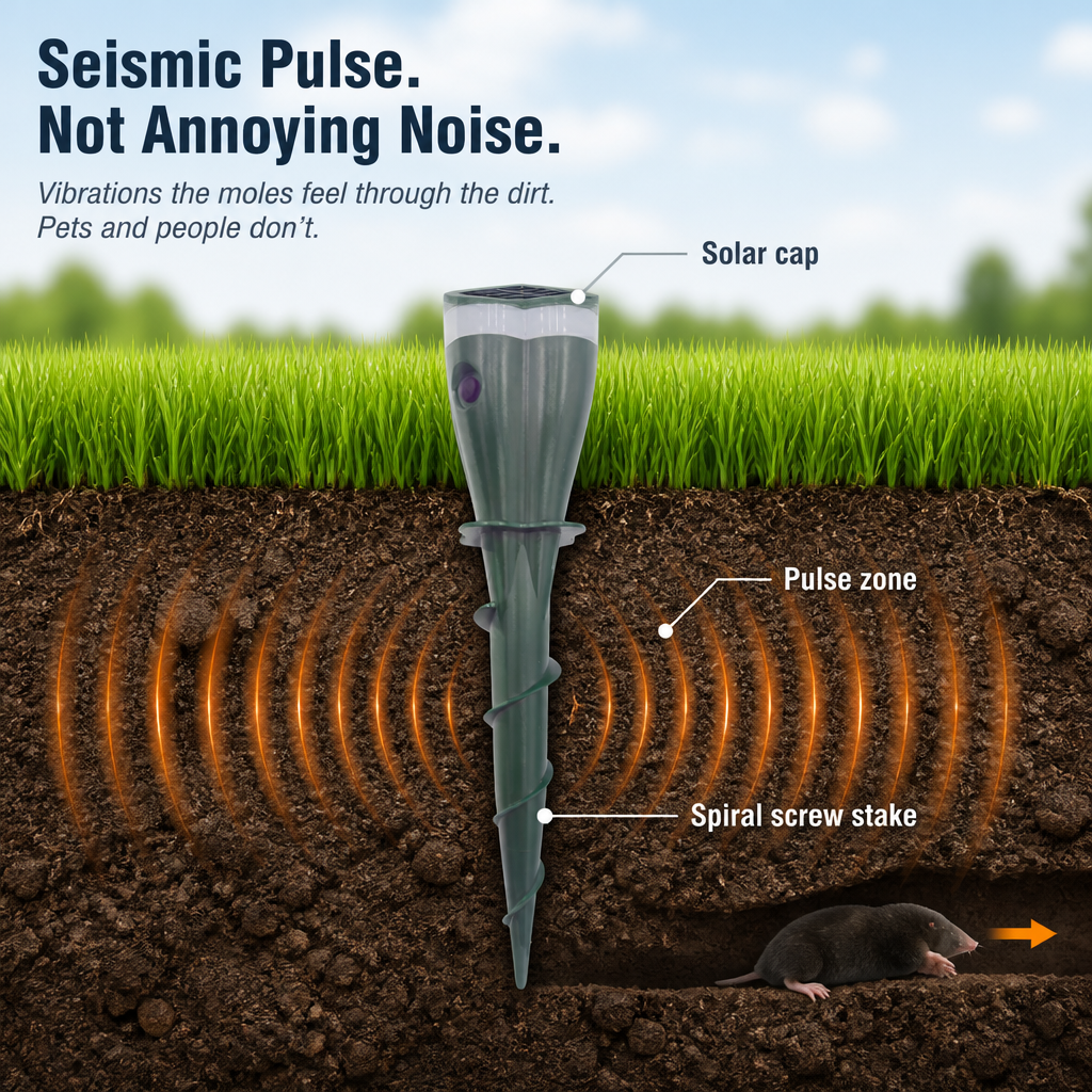PestGuard™ — Repel Moles, Voles & Groundhogs Using 100ft Quiet Solar Pulses