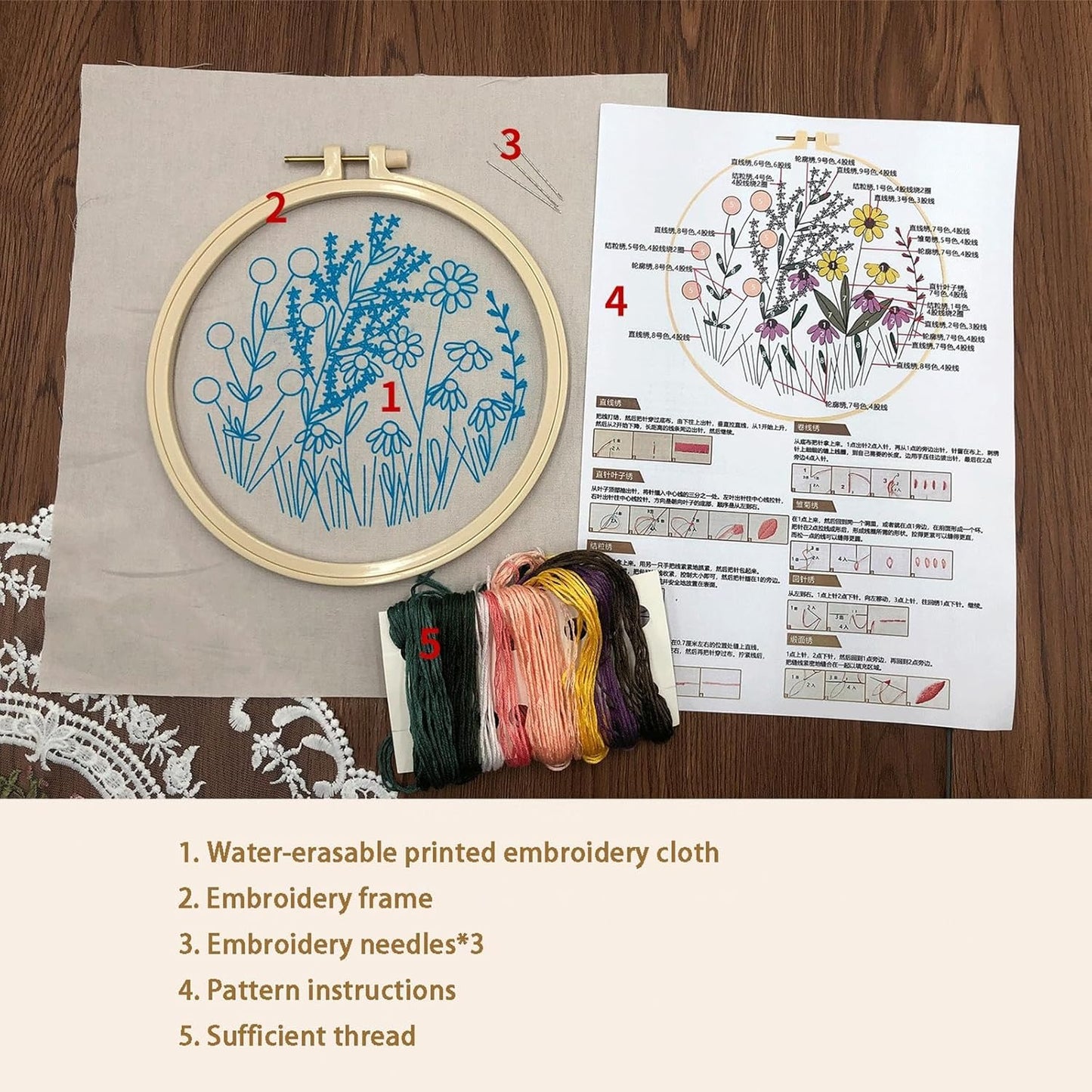 Floral embroidery kit for creative hobbies
