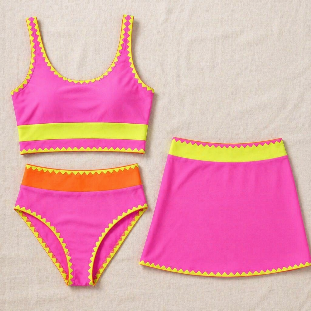 VelaAura™ – Striking Colorblock 3-Piece Sport Bikini with Swim Skirt Set