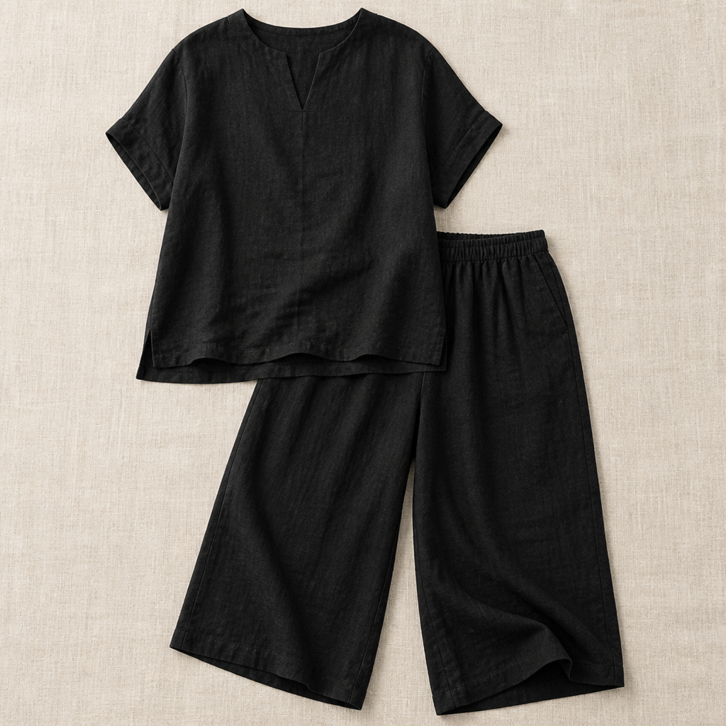 LumoraEase™ – Soft Cotton-Linen V-Neck Two-Piece Ensemble