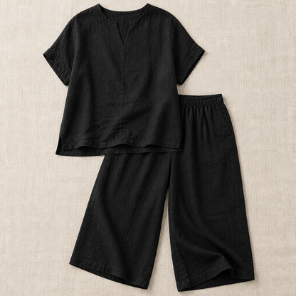 LumoraEase™ – Soft Cotton-Linen V-Neck Two-Piece Ensemble