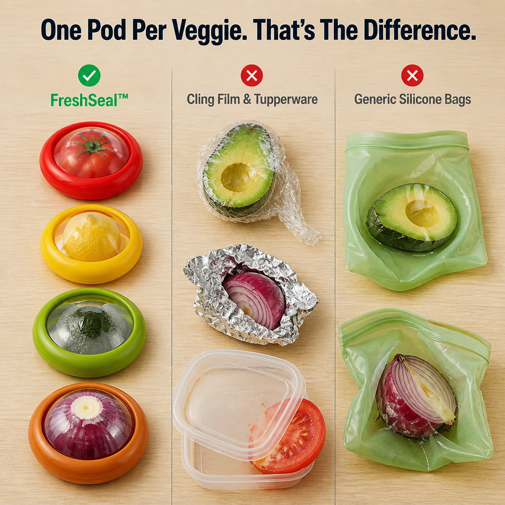 FreshSeal™ — Keep Cut Avocados, Onions and Tomatoes from Browning by Lunch