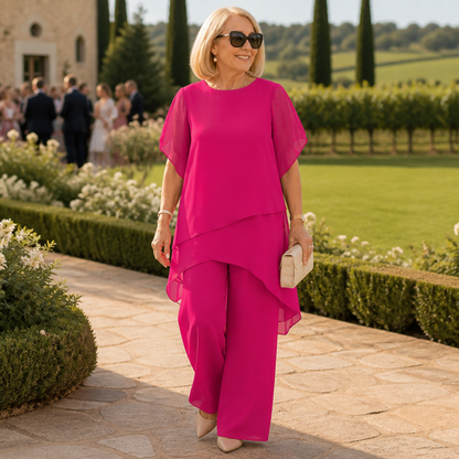 SerenLuxe™ – Stylish Chiffon Two-Piece Ensemble with Asymmetrical Layered Top