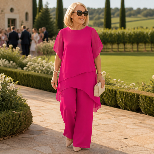 SerenLuxe™ – Stylish Chiffon Two-Piece Ensemble with Asymmetrical Layered Top