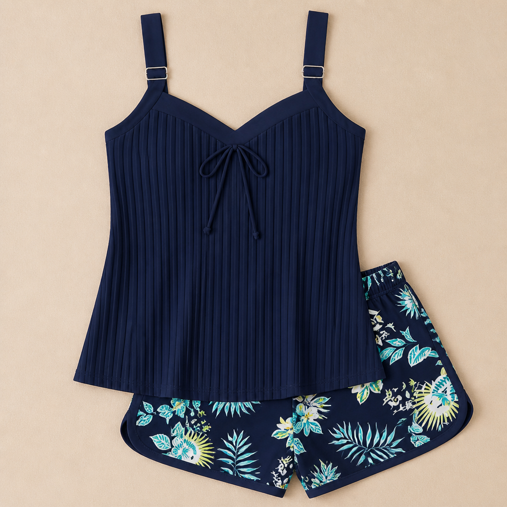 SoloraSway™ – Breezy Pleated Tankini with Coverage Shorts