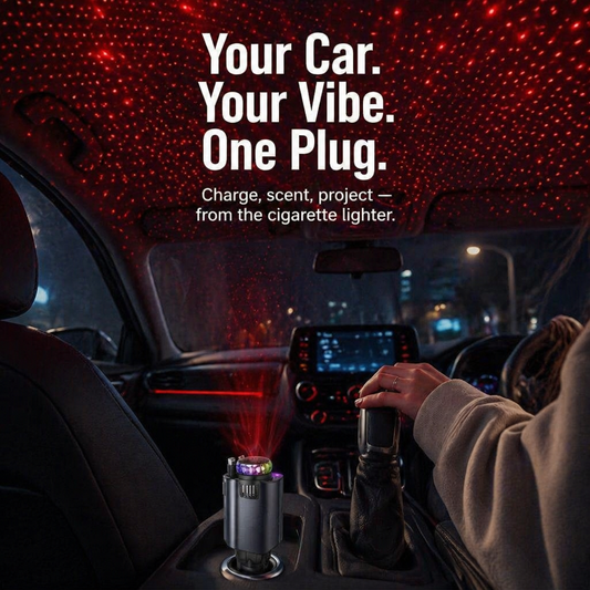 LumiVibe™ — Power, Fragrance & Star-Projection for Your Car from a Single Plug