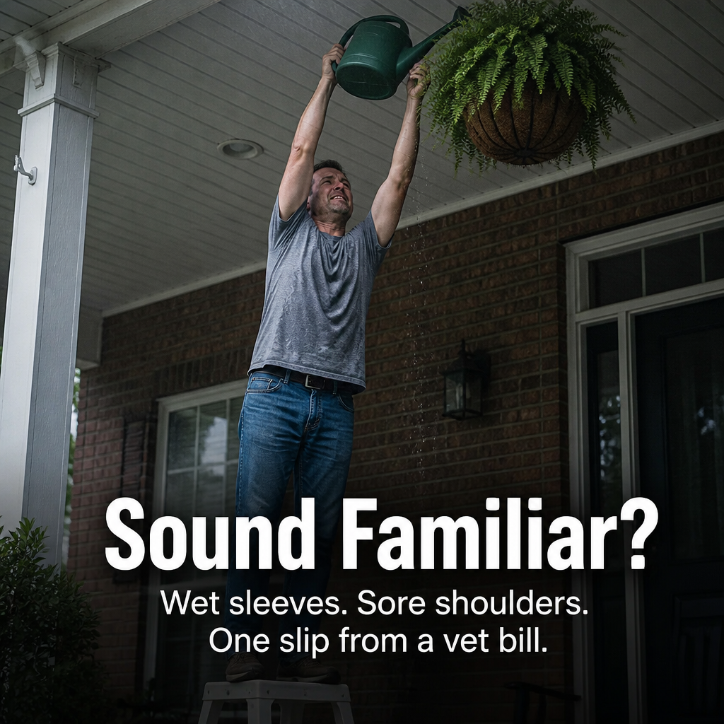 FlexiGroove™ — Hanging Baskets from Chest Level Down for Ladder-Free Watering