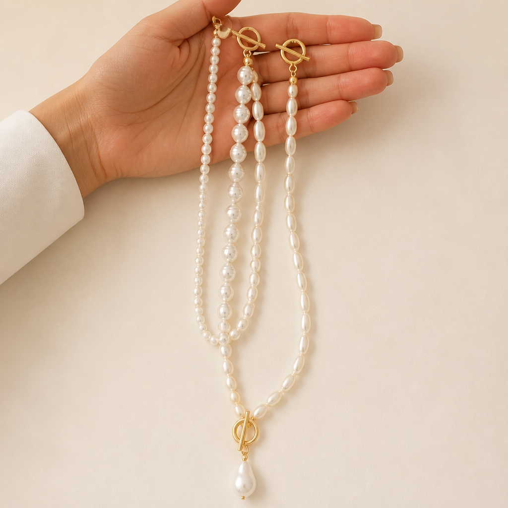 VeraLuxe™ – Triple-Strand Pearl Necklace Set with Gold Toggle Clasps