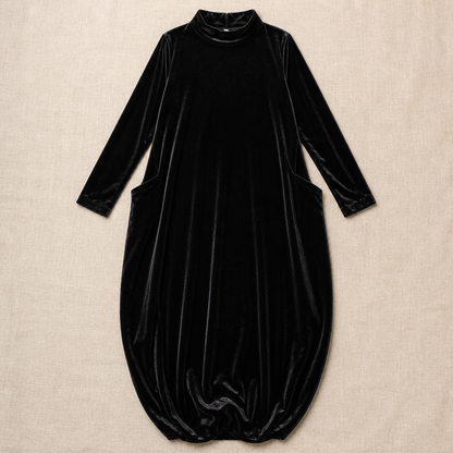 VioraForm™ – Velvet Cocoon Maxi Dress with Mock-Neck and Side Pockets