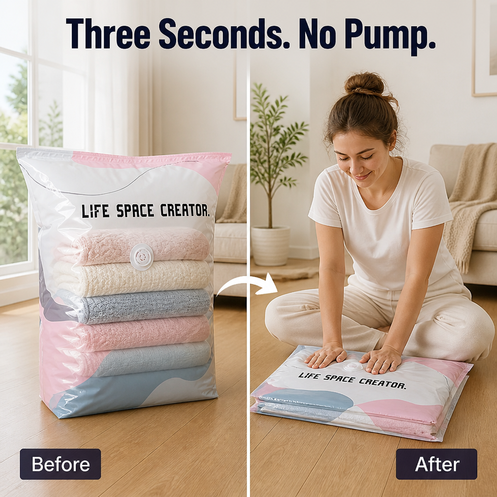 SwiftSpace™ — Squash Comforters, Coats & Bedding to One-Fifth Their Size, No Pump Needed