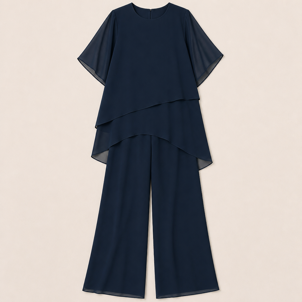 SerenLuxe™ – Stylish Chiffon Two-Piece Ensemble with Asymmetrical Layered Top
