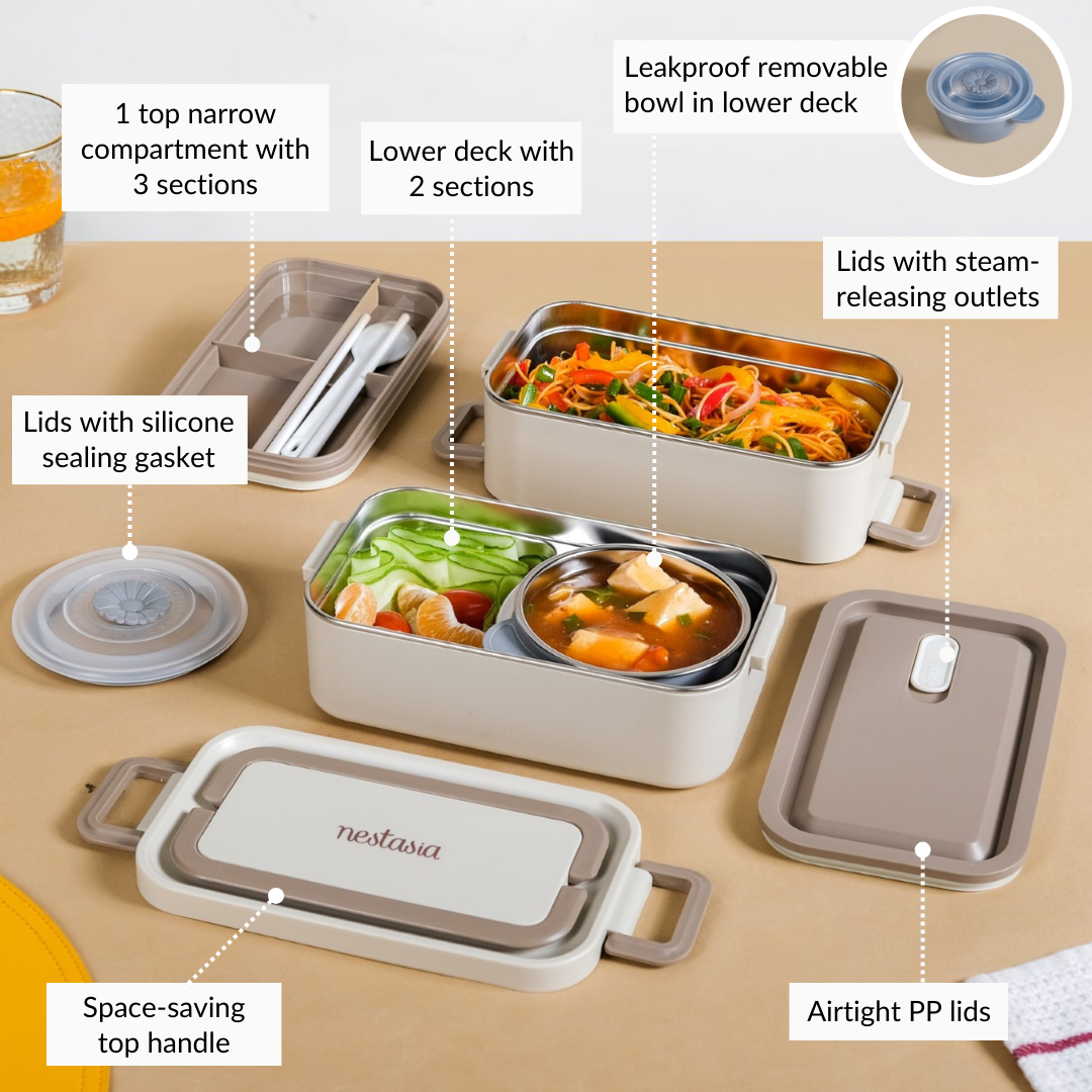 Ninja Airtight Double Decker Bento Lunch Box in Matte Beige, 2000ml Capacity