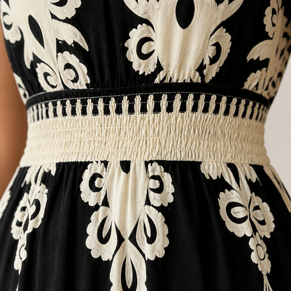 LuminaSway™ – Retro Baroque Pattern V-Neck Maxi Dress