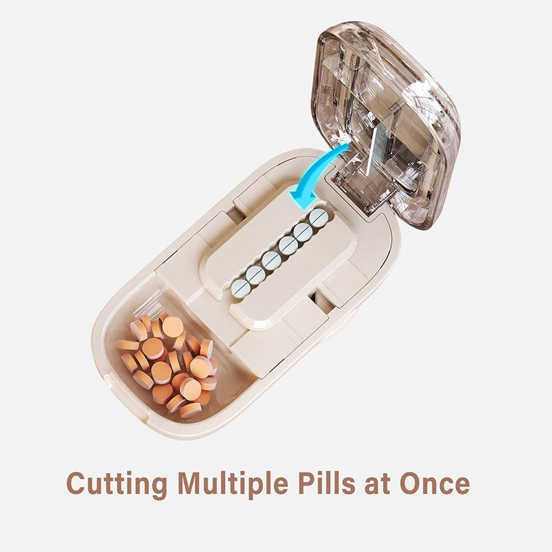Portable pill organizer with cutter