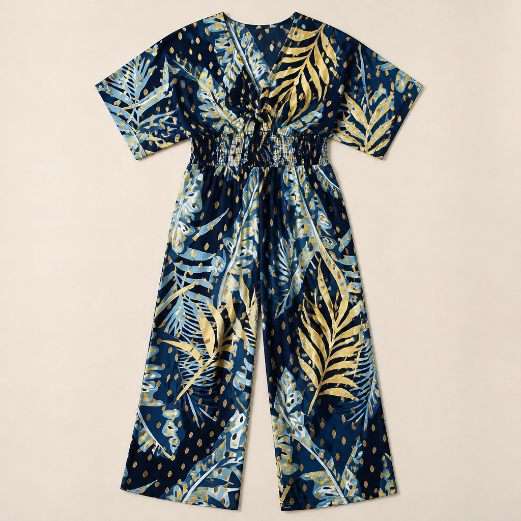 SerenaSculpt™ – Wide-Leg Jumpsuit with Tropical Print, V-Neck, and Smocked Waist