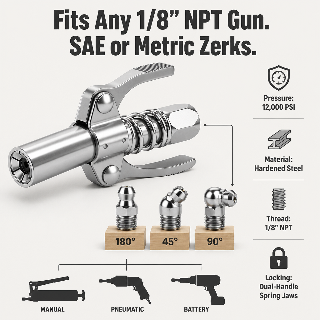 IronGrip™ — Hands-Free Lock on the Zerk and Pump Grease