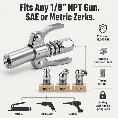 IronGrip™ — Hands-Free Lock on the Zerk and Pump Grease