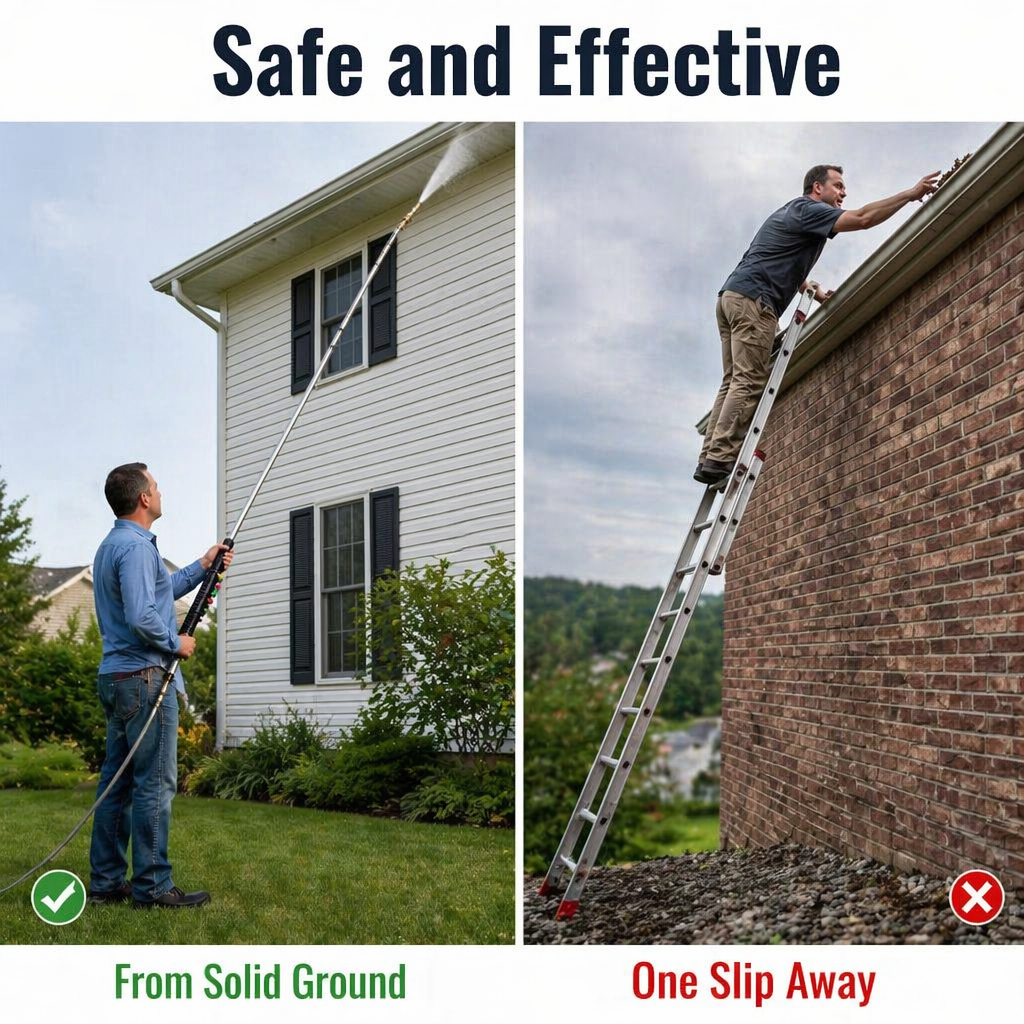 SkySweep™ — Clear Gutters, Siding & Upstairs Grime Without Stepping on a Ladder