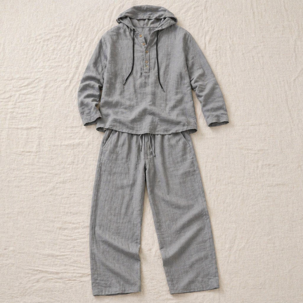 Drakescape™ – Casual Hooded Linen Henley Shirt & Pants Ensemble