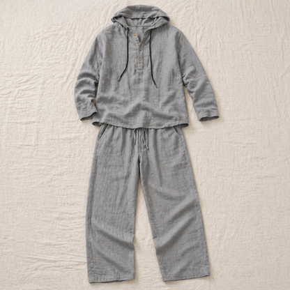 Drakescape™ – Casual Hooded Linen Henley Shirt & Pants Ensemble