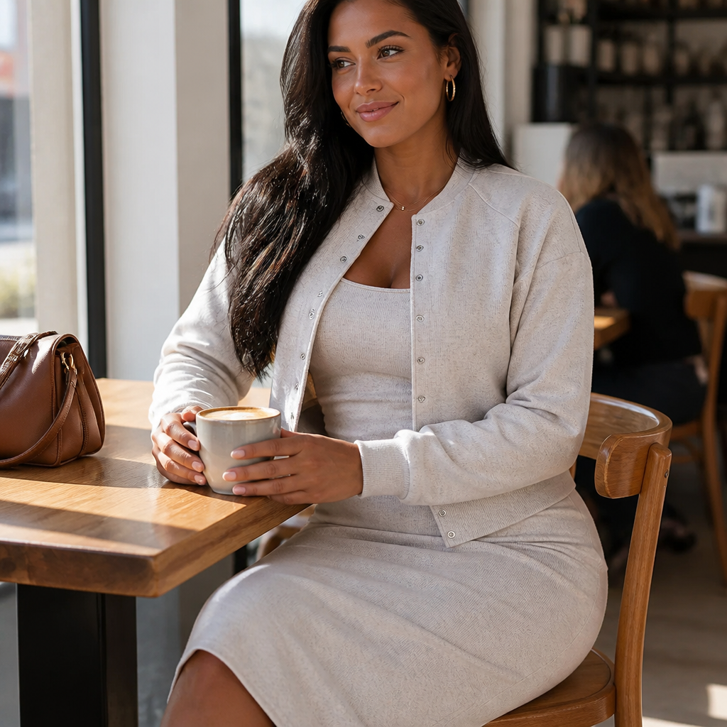 LunaCurve™ – Soft Knit Midi Bodycon Dress with Coordinated Cropped Jacket