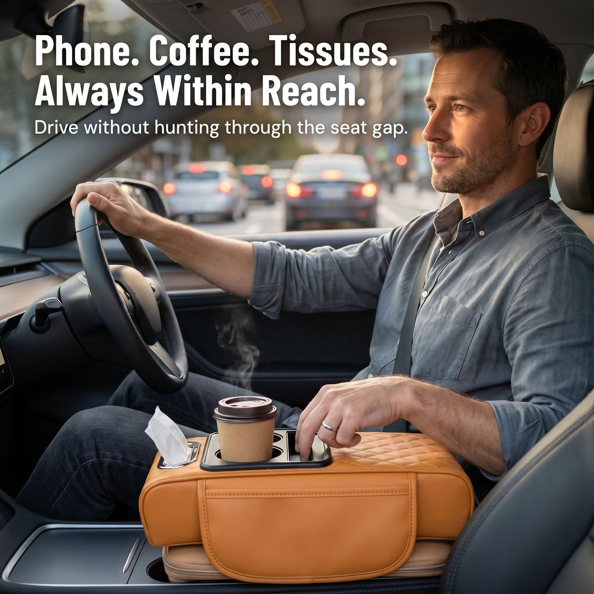 LuminaLuxe™ — Conquer Center Console Clutter With a Single Strap-On Armrest Pad