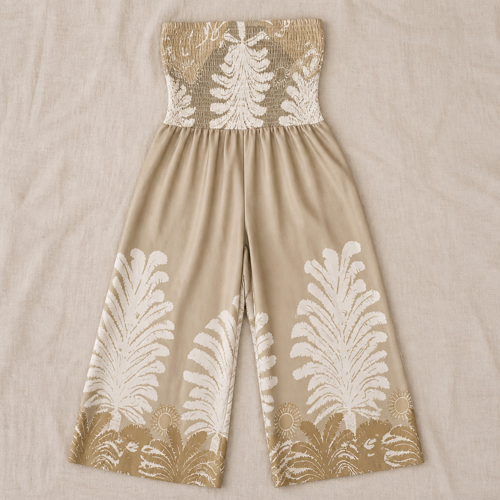 SolaraBreeze™ – Strapless Palazzo Jumpsuit with Tropical Palm Print