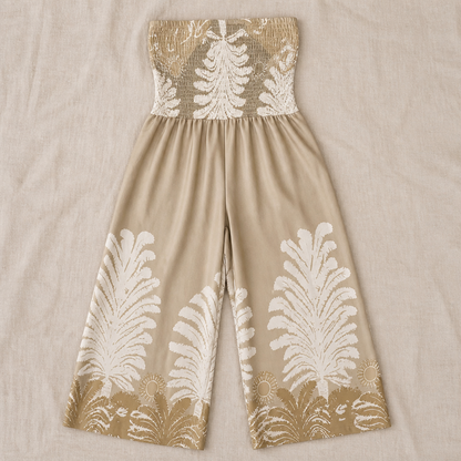 SolaraBreeze™ – Strapless Palazzo Jumpsuit with Tropical Palm Print