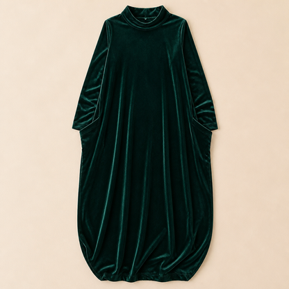 VioraForm™ – Velvet Cocoon Maxi Dress with Mock-Neck and Side Pockets