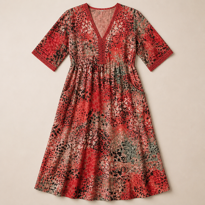 Aesthetic — printed boho midi dress focused on style, comfort, and sophisticated-vacation vibe.