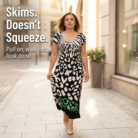 LuminaFlow™ – Flowy Midi Dress with V-Neck and Mixed Animal Print