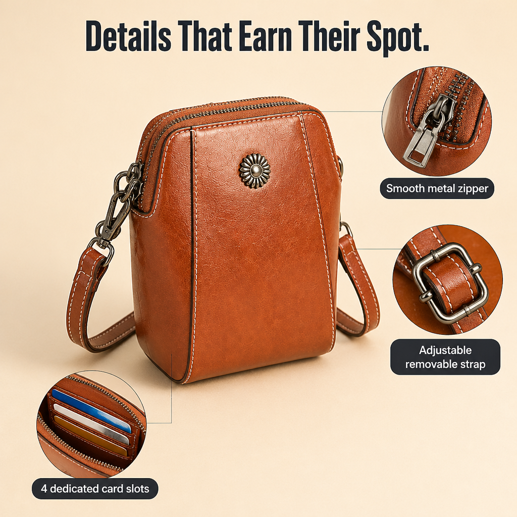 VividAura™ — Soft-Leather Crossbody for Phone, Cards & Lipstick All-in-One