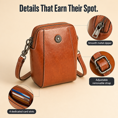VividAura™ — Soft-Leather Crossbody for Phone, Cards & Lipstick All-in-One