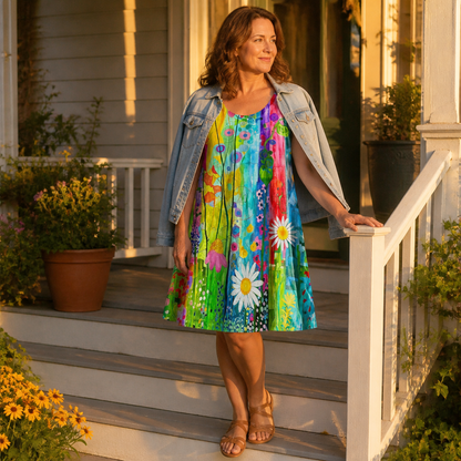 LuminaLuxe™ – Sleeveless A-Line Dress with Hand-Painted Floral Design