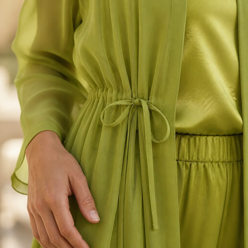 AristaLuxe™ – Draped Three-Piece Wide-Leg Pants Set with Sheer Chiffon Duster