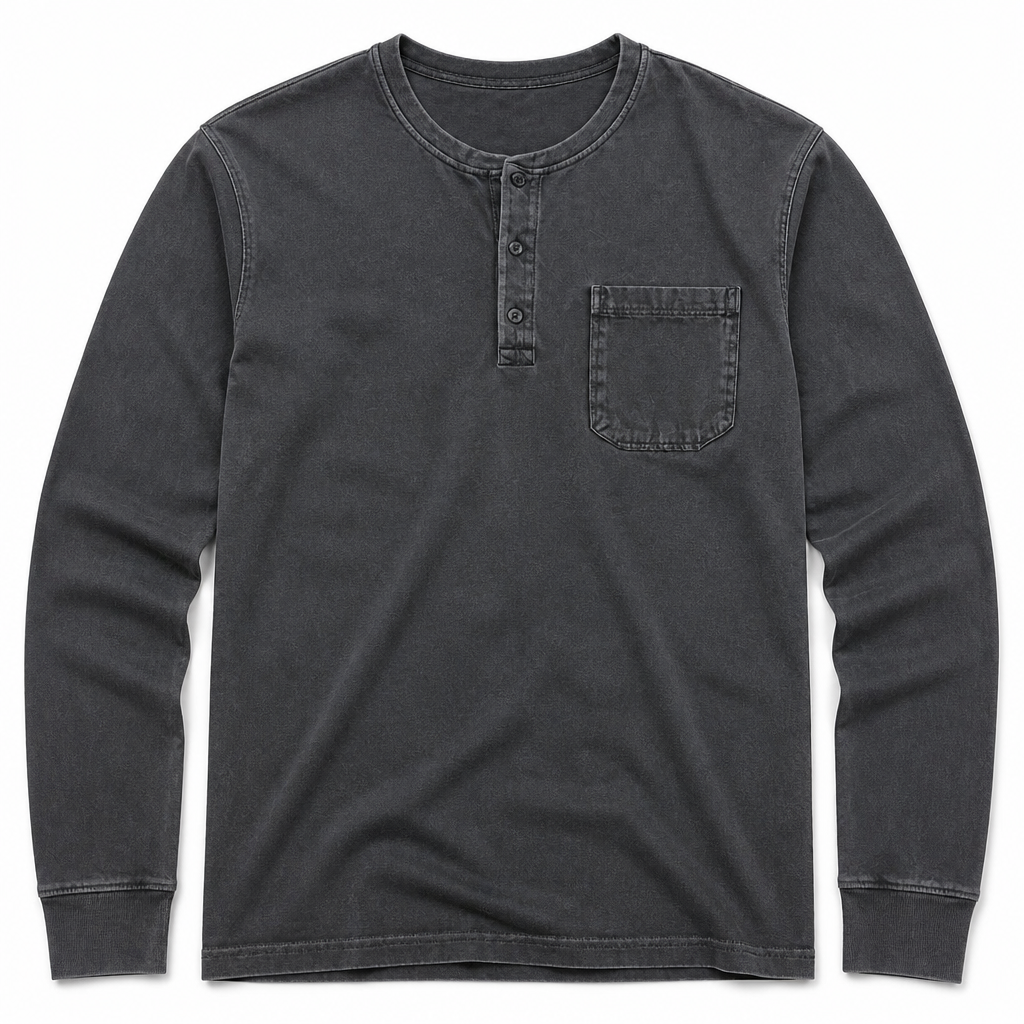 VeroVibe™ – Retro Washed Long Sleeve Henley Featuring Chest Pocket