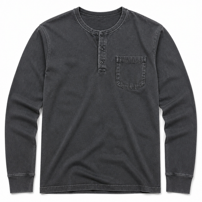 VeroVibe™ – Retro Washed Long Sleeve Henley Featuring Chest Pocket