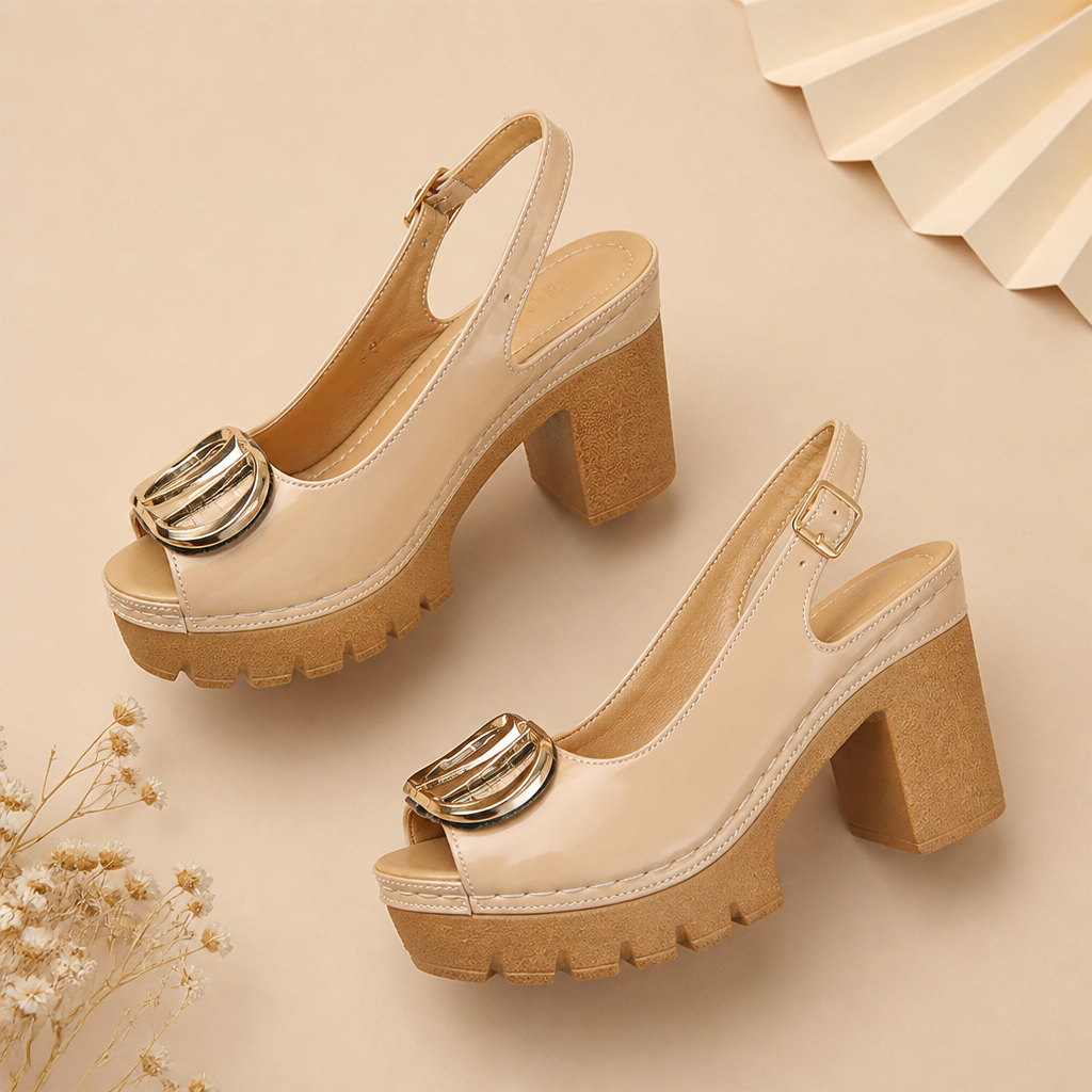 VivaStride™ – Patented Peep-Toe Block Heel Sandals Featuring Bold Gold Buckle