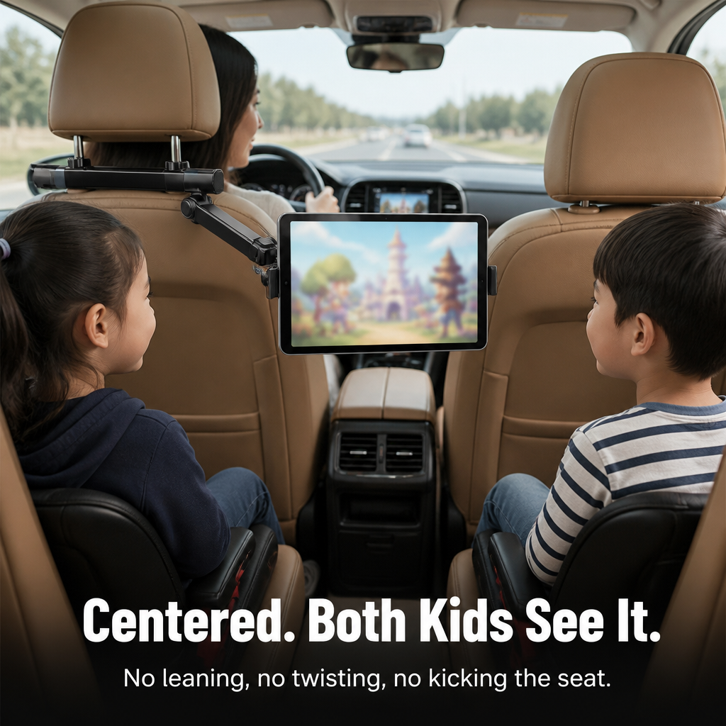 RoadEase™ — Secure Your Tablet Perfectly Centered Between Headrests for Comfortable Backseat Viewing