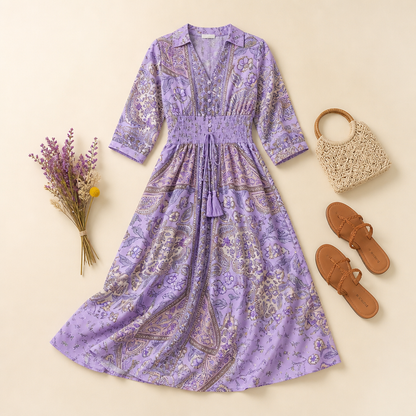 Mirella™ – Bohemian Paisley V-Neck Maxi Dress Featuring a Smocked Waist