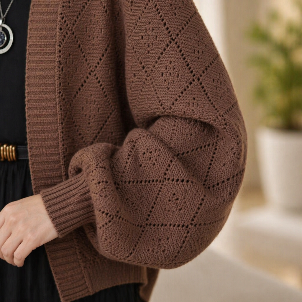 AerieLuxe™ – Hollow Knit Shawl Cardigan with Open Front and Lantern Sleeves