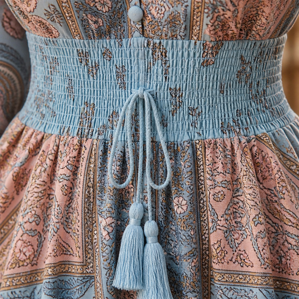 Mirella™ – Bohemian Paisley V-Neck Maxi Dress Featuring a Smocked Waist