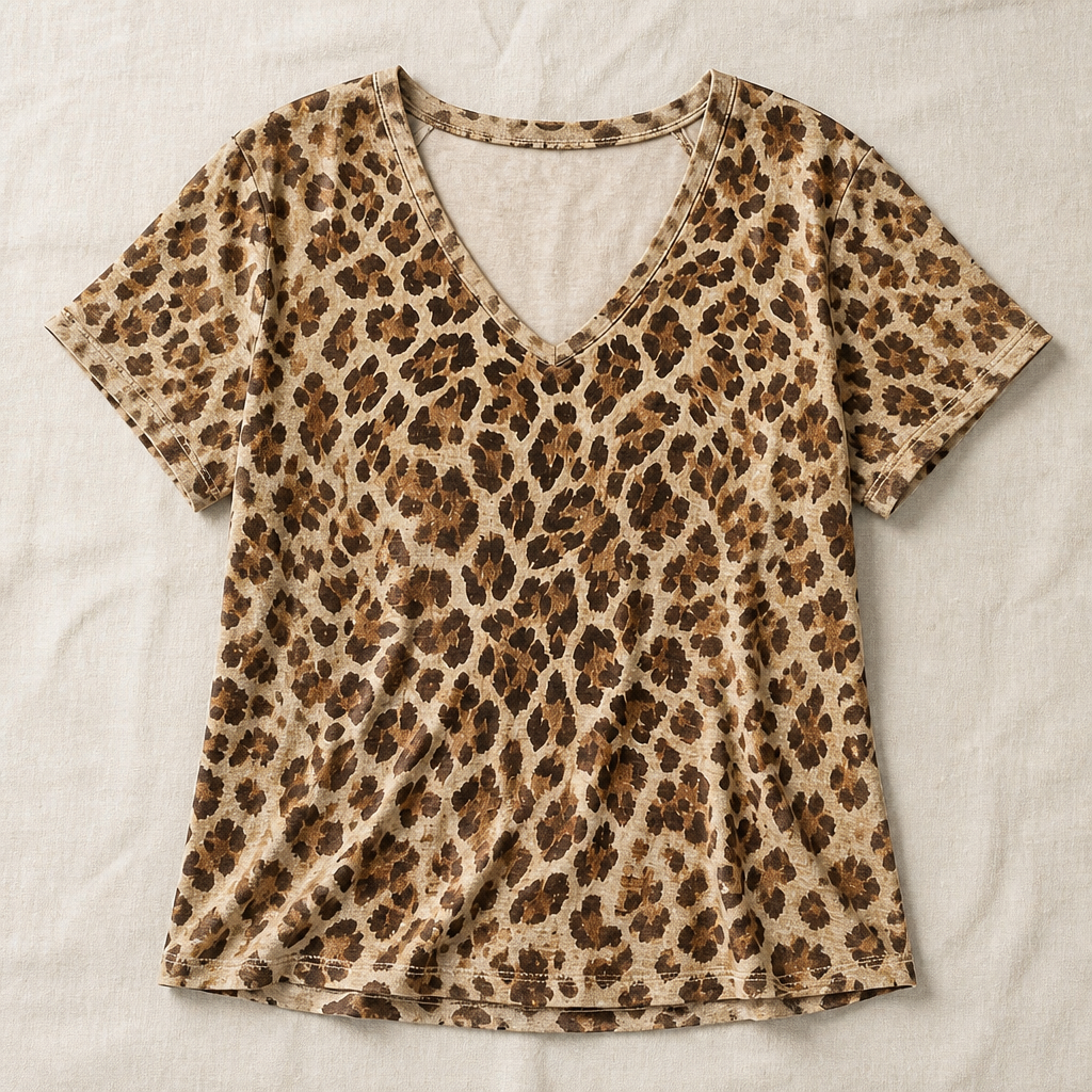 FierzaWear™ – Casual Leopard Print V-Neck Tee Featuring Cutout Detail