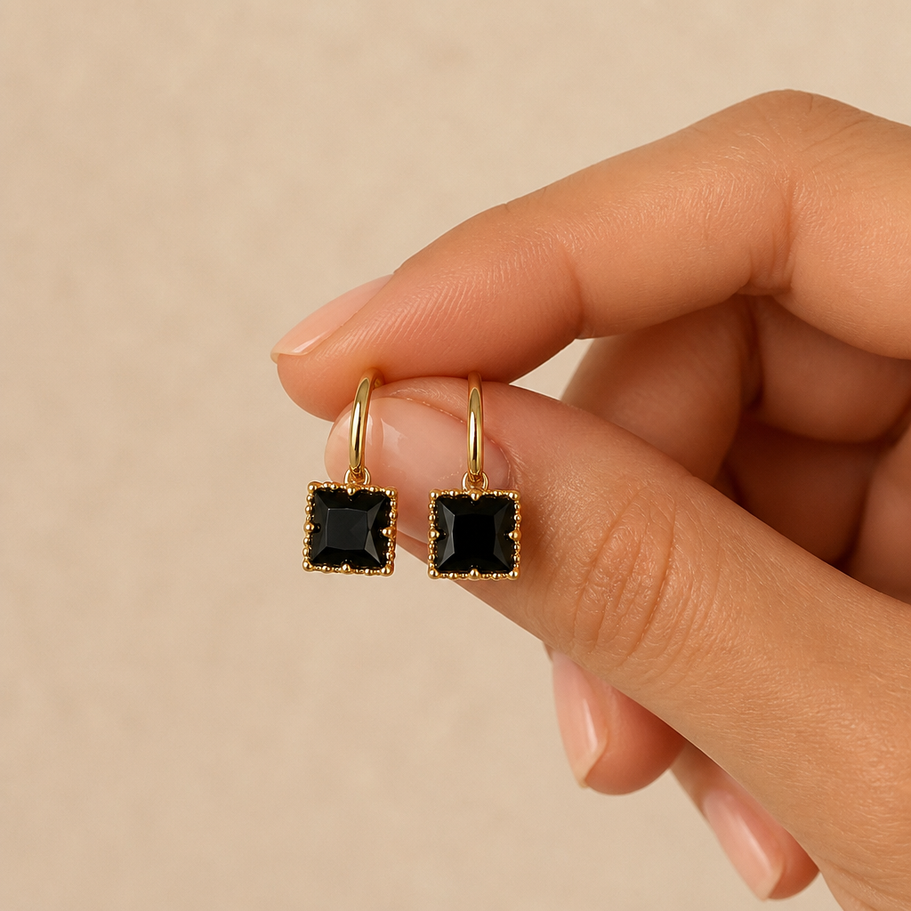 LumoLuxe™ – Retro Square-Cut Black Crystal Dangle Earrings
